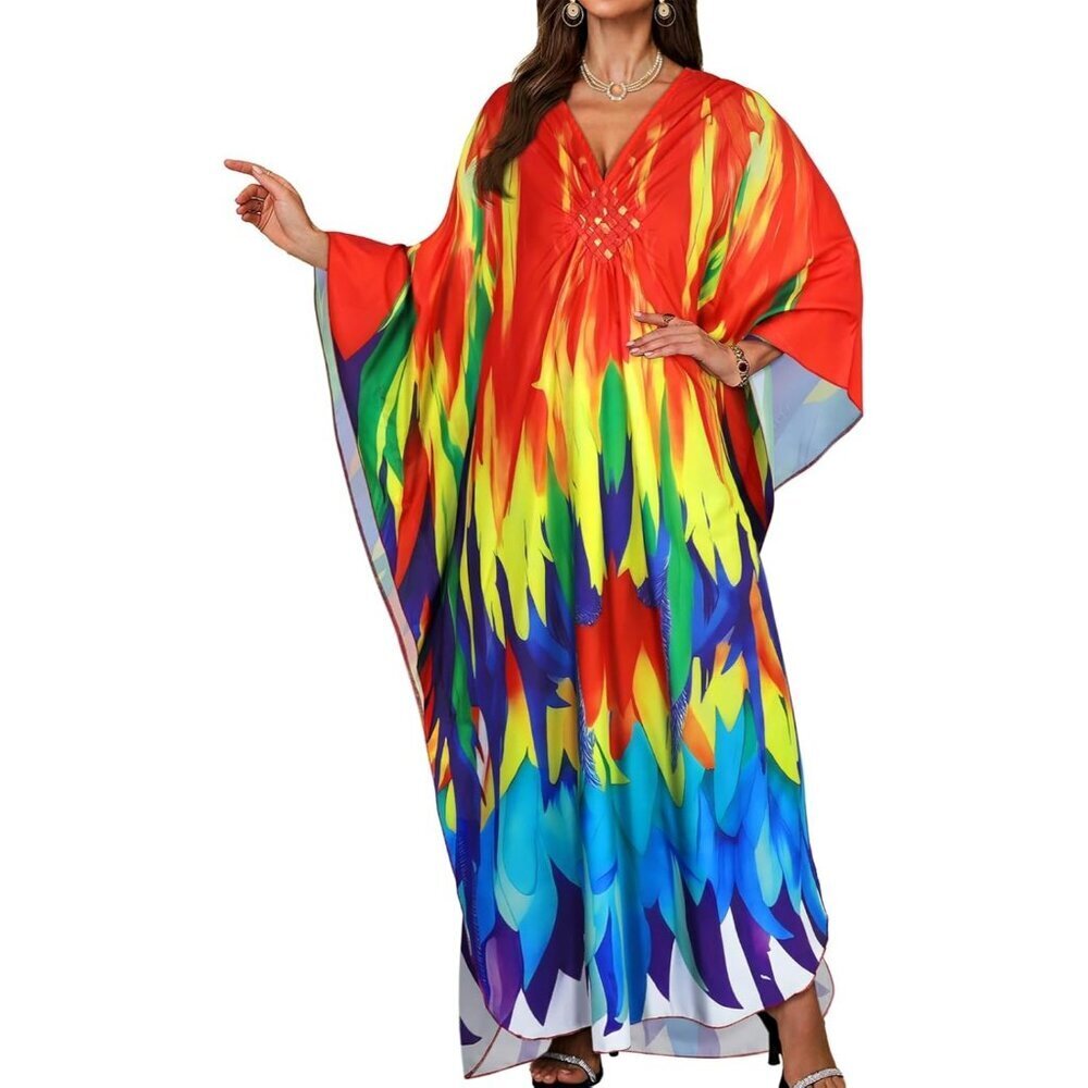 Women's Rainbow Parrot V-Neck Batwing Sleeves Smocked Waist Maxi Kaftan Dress